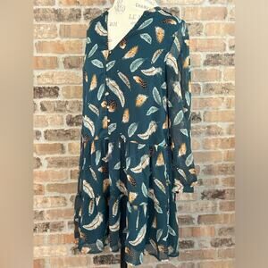 Loft green teal feather print button up dress long sleeve v neck size XS